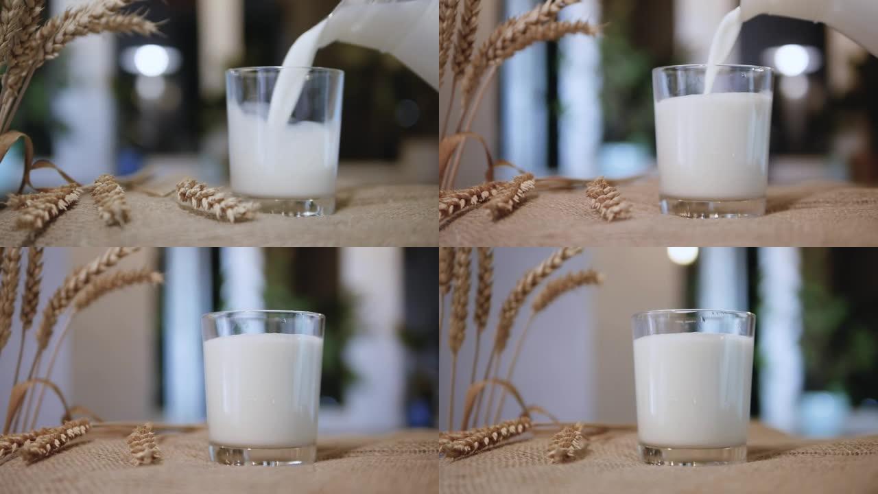 在bokeh背景上带有新鲜牛奶的慢动作玻璃。一种质朴风格的天然乳制品正在桌子上旋转。小麦小穗和食物放