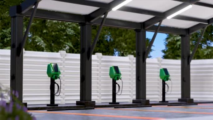 白天空置的电动汽车充电站，以3D运动方式渲染。