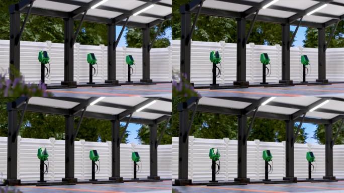 白天空置的电动汽车充电站，以3D运动方式渲染。