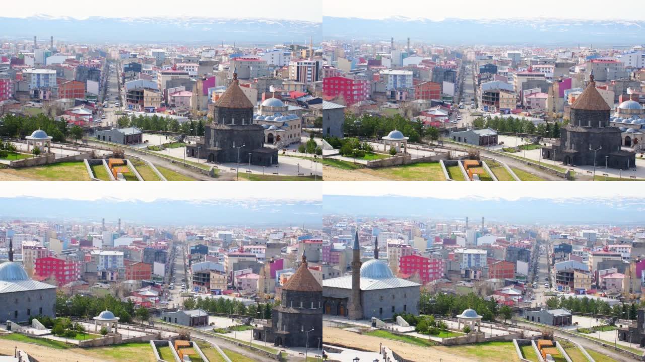 土耳其东部城市全景卡尔斯清真寺的空中平移视图