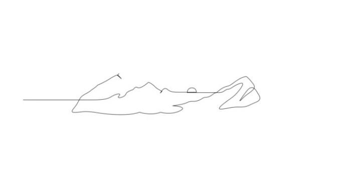 河流和太阳的山地景观自画动画。简约的连续单线画。4k