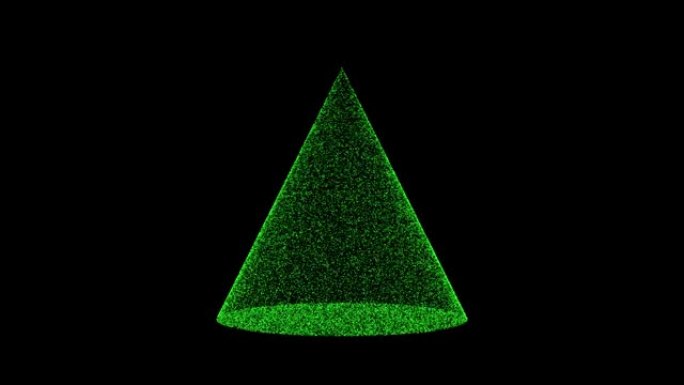 3D绿锥在黑色背景上旋转。由闪烁粒子组成的物体60 FPS。科学教程概念。标志、标题、演示文稿的抽象
