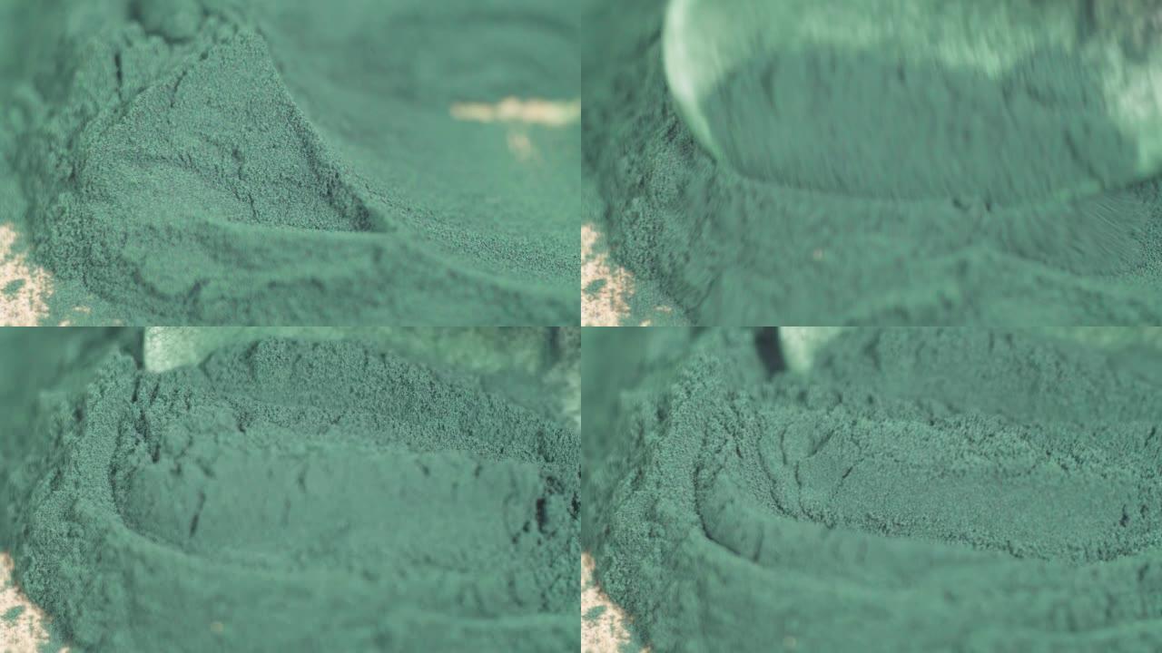 绿藻粉，螺旋藻木勺。选择性聚焦