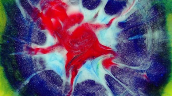 彩色抽象纹理的液体大理石，液体艺术。抽象蓝绿色红色黄色漩涡背景视频设计。