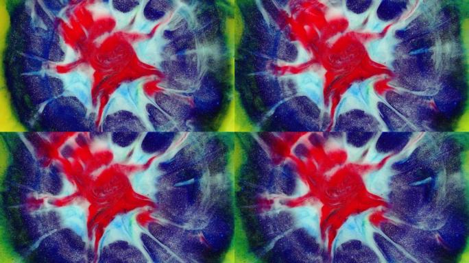 彩色抽象纹理的液体大理石，液体艺术。抽象蓝绿色红色黄色漩涡背景视频设计。