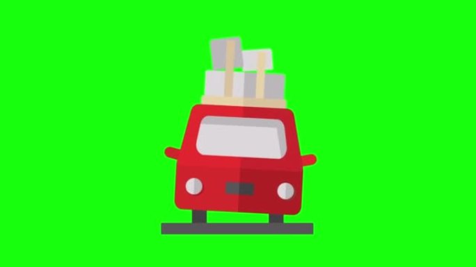绿色背景上卡通红色汽车设计的4k视频。