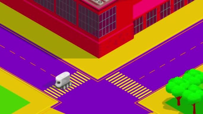 自动送货机器人骑在街上。智能传感技术。抽象彩色面包场。2D平面动画。
