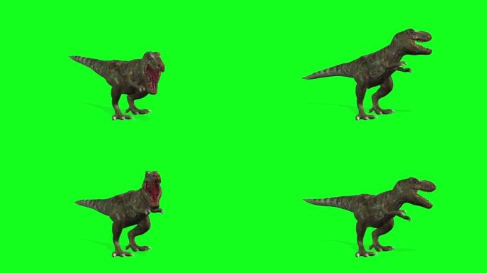 动画-在绿屏背景上行走的恐龙