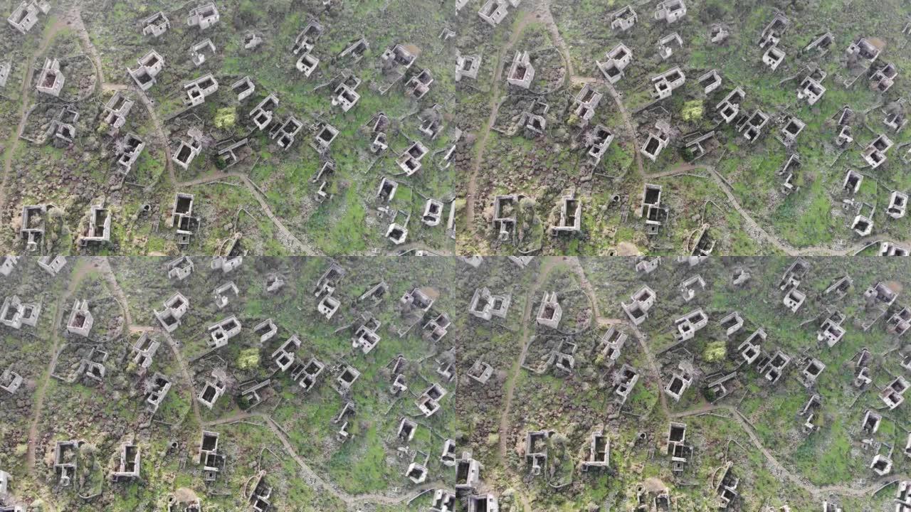 无人机在废弃的村庄俯瞰许多破败的房屋