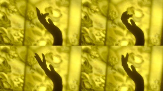 黄色墙壁背景上女性手的模糊阴影，带有线条花卉图案。摘要，