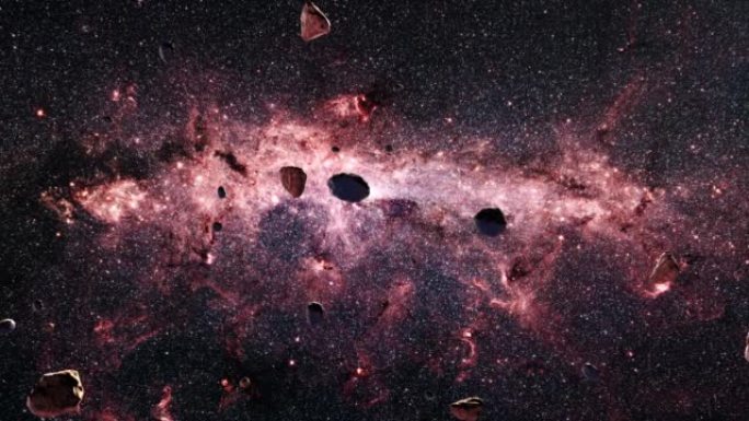 星系太空飞行探索银河系中心银河系星云的太空岩石。4k循环动画，飞越发光的星云，云和星星场。