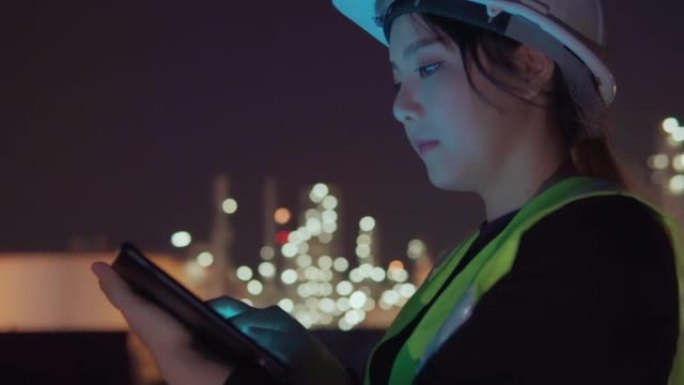 夜间在石油和天然气精炼厂内使用数字平板电脑在夜间工作的女工程师的录像