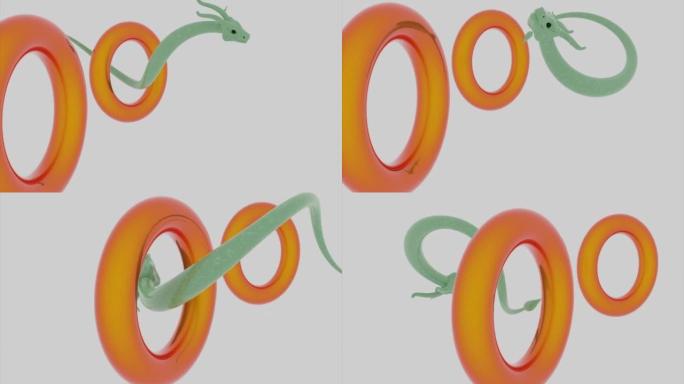 神奇的童话亚洲绿龙飞过白色背景上的橙色戒指。设计。运动中的传统东方巨龙，亚洲文化中的幻想动物