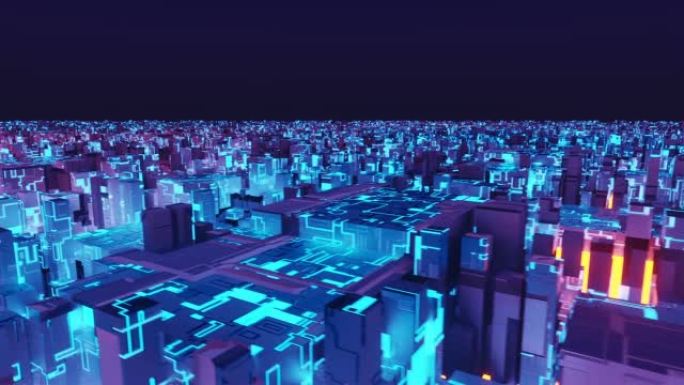 计算机生成抽象霓虹灯城市高科技动画的3D渲染