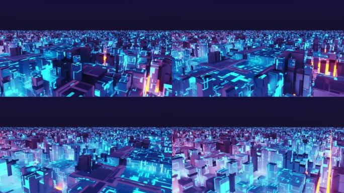 计算机生成抽象霓虹灯城市高科技动画的3D渲染