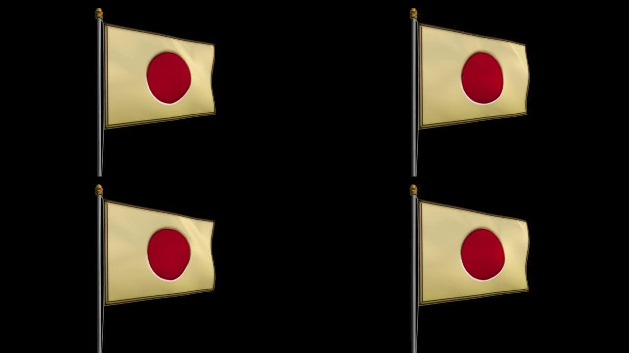 金色日本国旗循环视频在风中飘扬，4k UHD慢动作视频带alpha通道。
