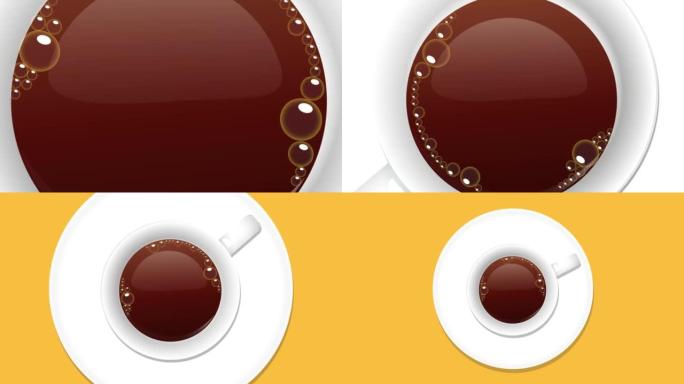 黄色背景上的咖啡顶视图。动画图案