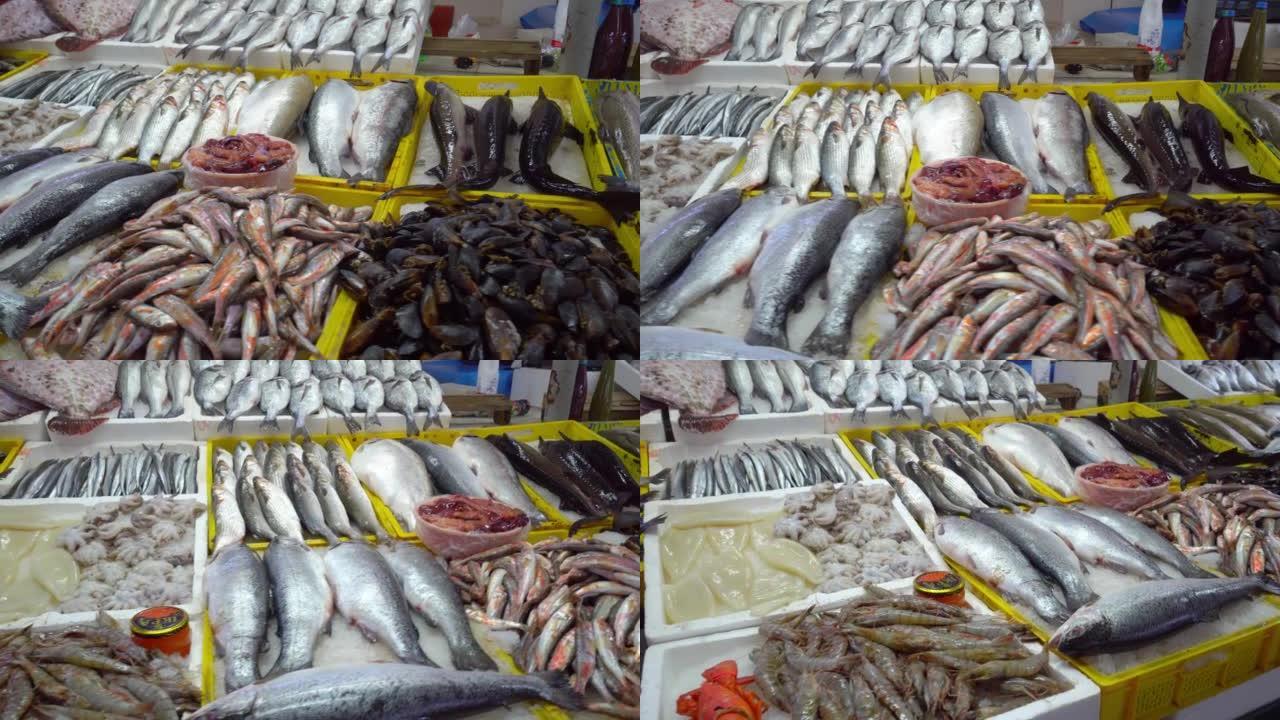 佐治亚州巴统的新鲜海鲜市场。冰上活鱼。