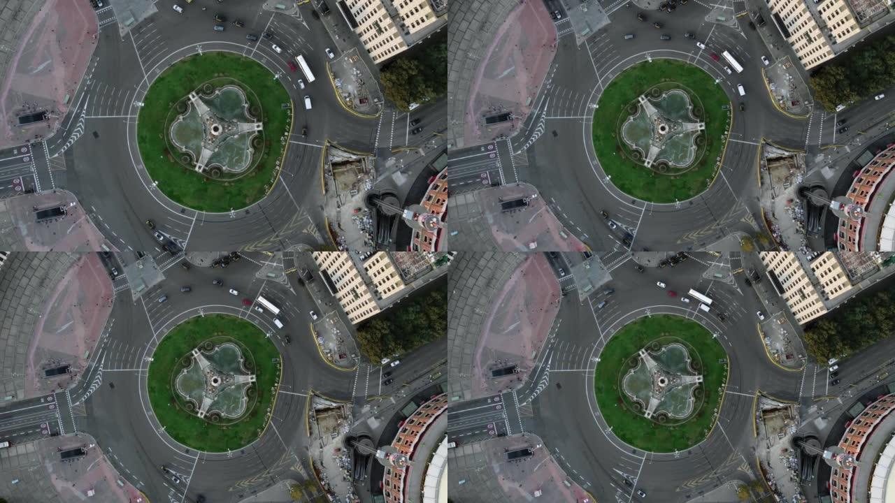 巴塞罗那西班牙广场上回旋处汽车交通的空中拍摄