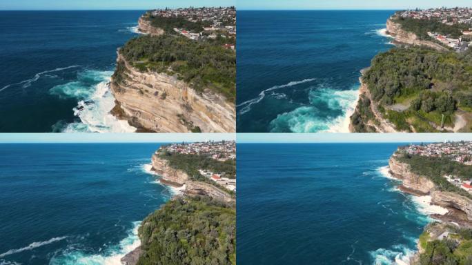 东悉尼屈臣氏湾的空中无人机视图，沿着沿海悬崖顶和人行道向南行驶