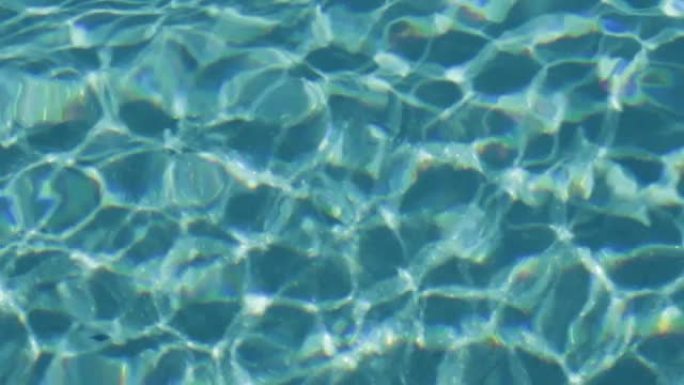 放大阳光照射的游泳池的绿松石表面。抽象反射和折射光