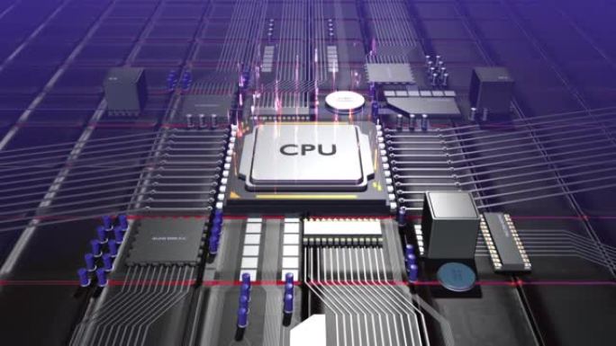 计算机CPU处理数据。电气数据和信号流动。