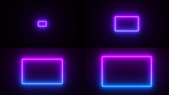 砖墙上的霓虹灯标志。发光的紫色矩形。抽象背景，光谱鲜艳的色彩。3d渲染插图。4k视频。