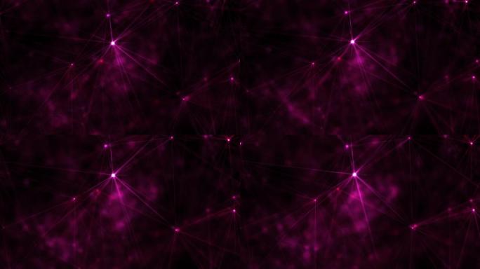 粉色紫色洋红色发光神经丛星星和黑色背景上的多边形线