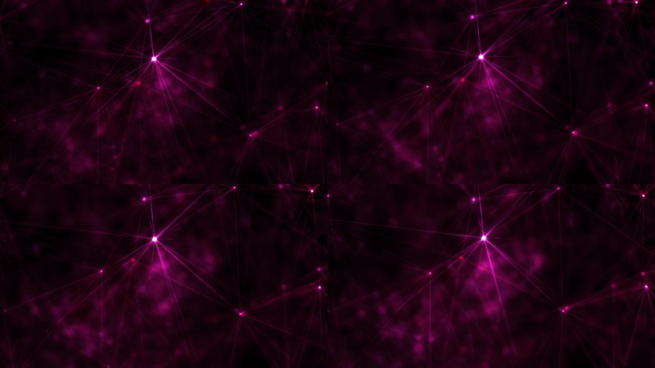 粉色紫色洋红色发光神经丛星星和黑色背景上的多边形线