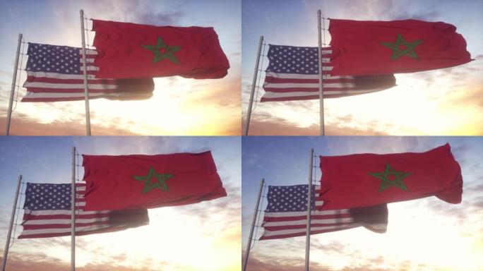 摩洛哥和美国国旗挂在旗杆上。摩洛哥和美国在风中挥舞着国旗。摩洛哥与美国的外交概念