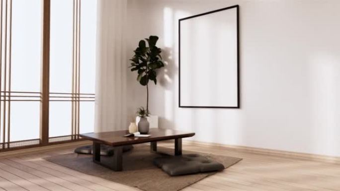 榻榻米垫地板、低桌子和扶手椅上的禅房室内木墙。3d渲染