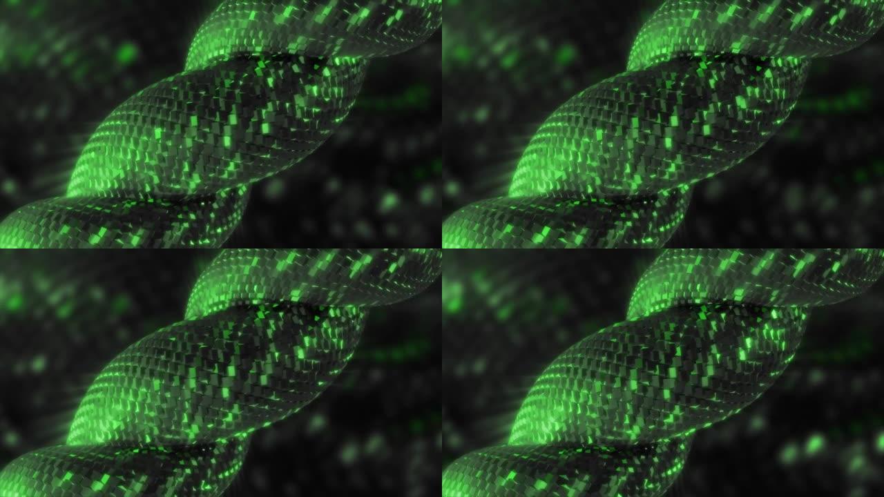 绿色和黑色抽象背景，金属绳看起来像蛇鳞。动。在闪烁的背景上扭曲金属夏因，无缝循环。