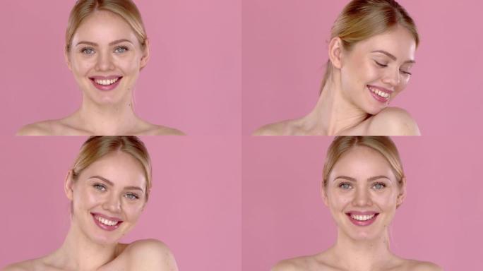 微笑美丽女孩的慢动作视频拍摄，孤立在粉红色背景上。裸露的肩膀