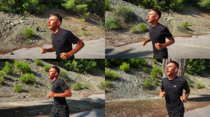 跑步和慢跑的概念。体育运动的男性运动员在户外训练，为马拉松比赛做准备的肖像。体育和娱乐概念。健身锻炼