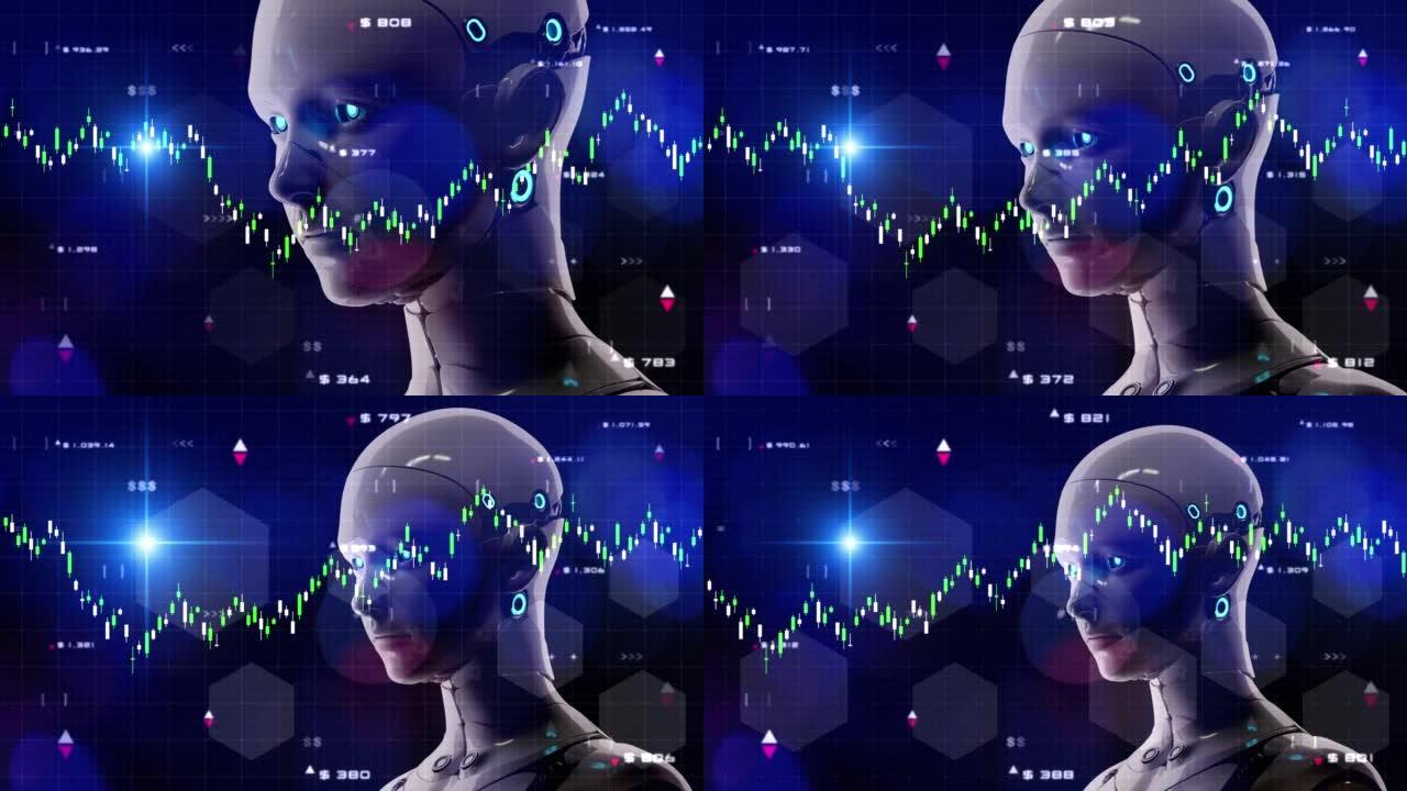 机器人交易metaverse商业金融股票交易市场交易图表经济财务规划业务增长管理数据分析，3D机器人