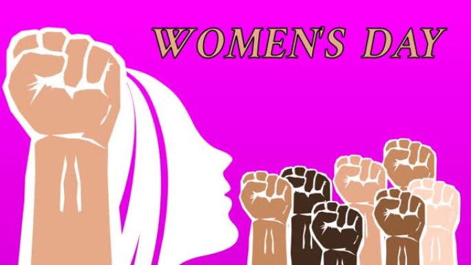 妇女节创意动画，支持不同肤色的双手。妇女节愿望与女性的脸图标。