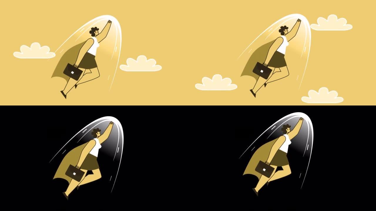 黄色风格的女人扁平角色超级英雄速度飞起来。带有Alpha通道的孤立动画