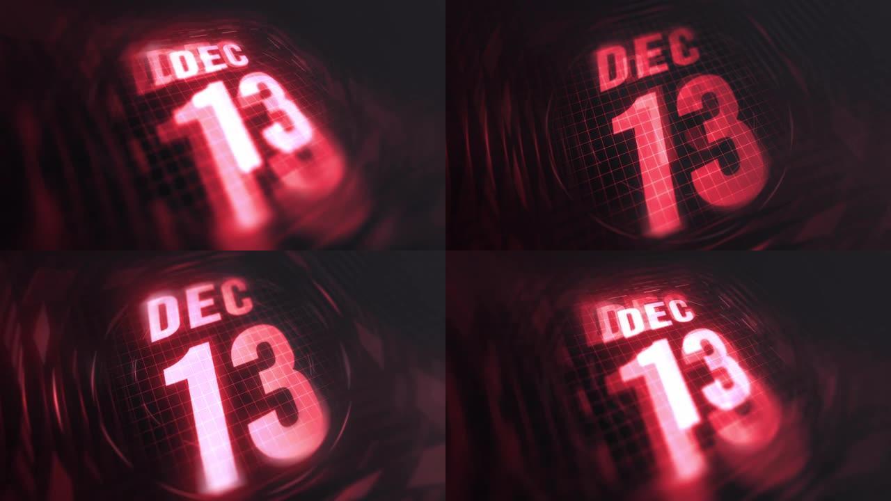3d运动图形中的12月13日。未来的红外日历和科技发光霓虹灯拍摄，发光二极管纪念等。4k in循环