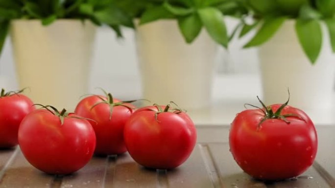 女人的手拿起成熟的红番茄躺在水槽上，家里的厨房里有飞溅的水。天然有机农场蔬菜，在内部清洗西红柿。沙拉