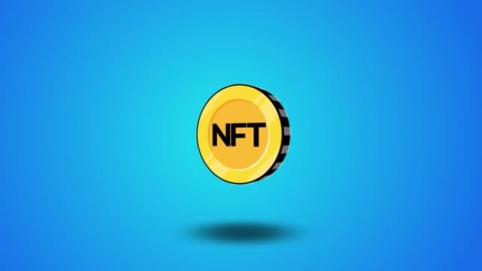 旋转NFT金币动画。蓝色背景。加密货币和区块链概念。4K