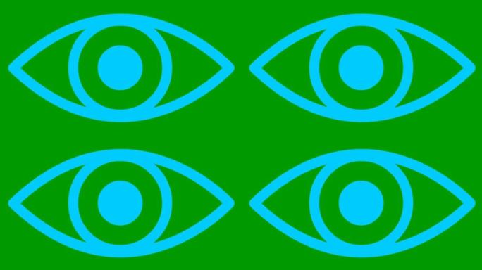 动画蓝眼睛关闭。眨眼。线性图标。循环视频。绿色背景上的矢量插图。