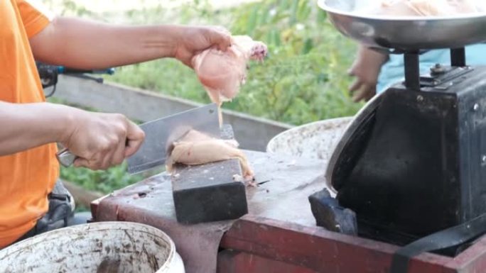 一个旅行卖鸡的手切了鸡肉