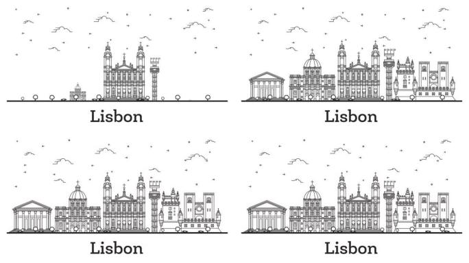 勾勒出葡萄牙里斯本城市天际线，历史建筑被隔离在白色上。