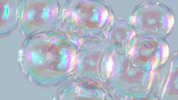 透明的肥皂泡飞舞并聚集在一起。泡泡彩虹。泡沫。很多肥皂泡。珍珠。3d动画