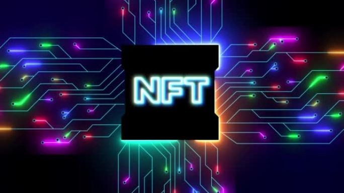 霓虹灯电路板上的霓虹灯NFT铭文。网络空间数字网络。数据信息处理。NFT元宇宙概念。摘要背景。4K