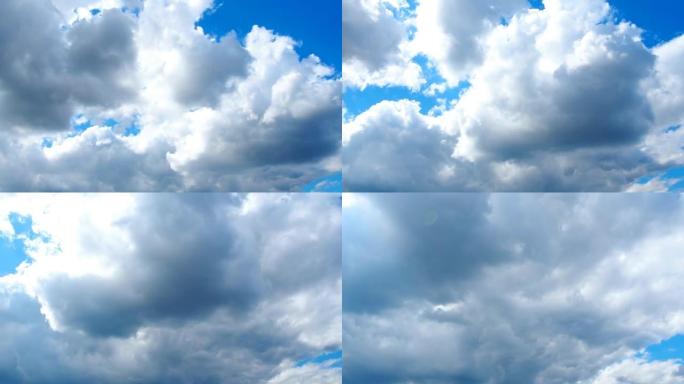 蓝天下快速移动的云。云量积云在风中越来越低。气象和天气预报。生态问题。气候变化。风暴风时间流逝。