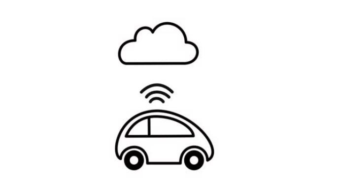 连接到云的车辆通信数据。连接到云端的汽车的动画传递数据。关于物联网、物联网和交通工具的概念。