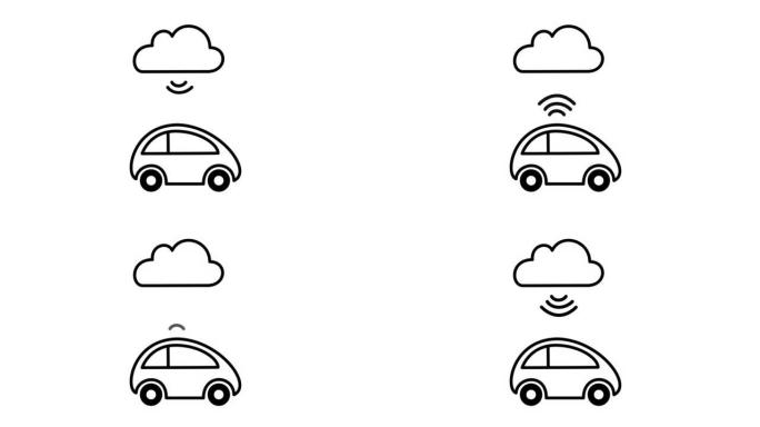连接到云的车辆通信数据。连接到云端的汽车的动画传递数据。关于物联网、物联网和交通工具的概念。