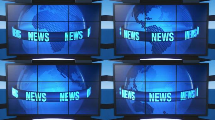 3D虚拟电视演播室新闻，电视节目的背景。墙上的电视。3d虚拟新闻工作室背景，循环
