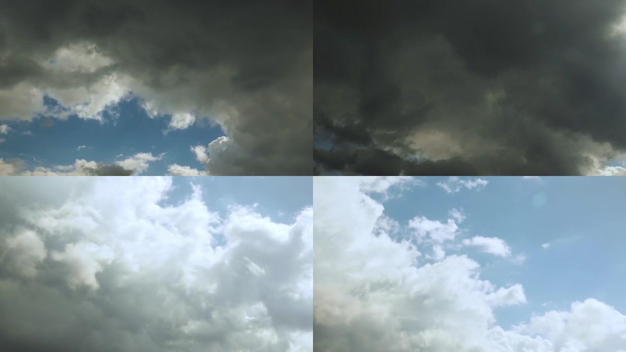 戏剧性的暴风云在灰色的天空中快速移动。大雷雨云景。乌云密布。雨天多云的天空